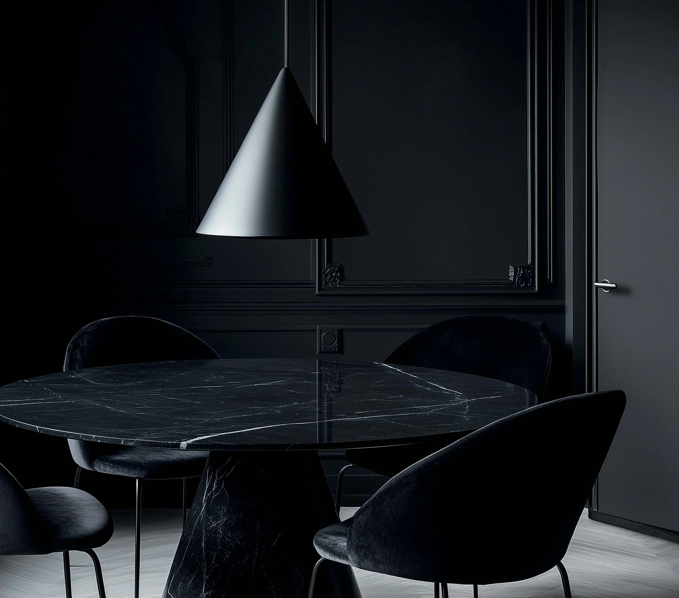 Signature dark-toned dining room by Lamasat Al Jazeera